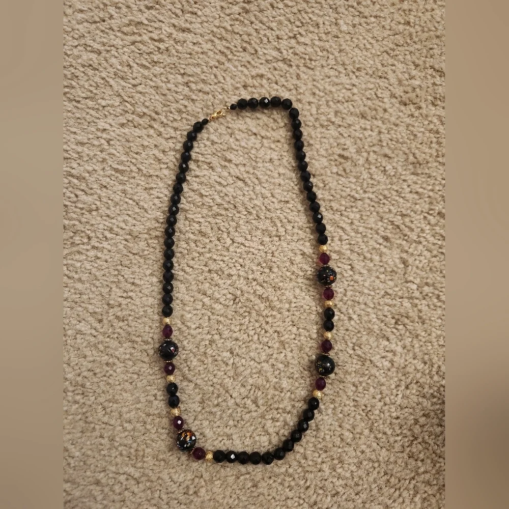 Beaded Black Necklace Purple‎ Floral Gold Abstract